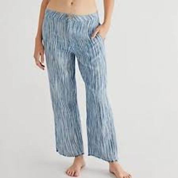 Striped Pants Blue & White Cropped Wide Leg Boho Casual Comfortable - Picture 2 of 8